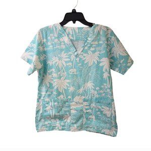 Cottonality Blue Safari Jungle Floral Scrub Top